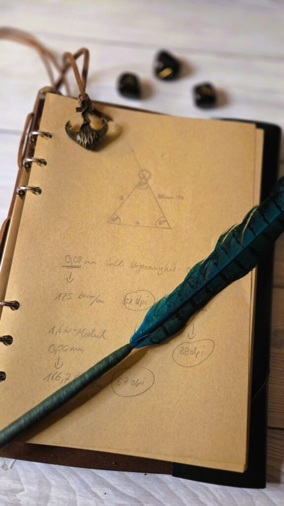 Ein Notizbuch mit einer Schreibfeder darauf abgelegt. Die Notizen zeigen mathematische und technische Zeichnungen bzw. Formeln.